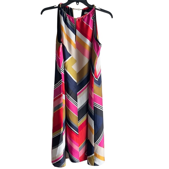 Trina Turk Pink Blue Gold Chevron Sleeveless Midi Dress Boho Women’s Size Med - Picture 1 of 9